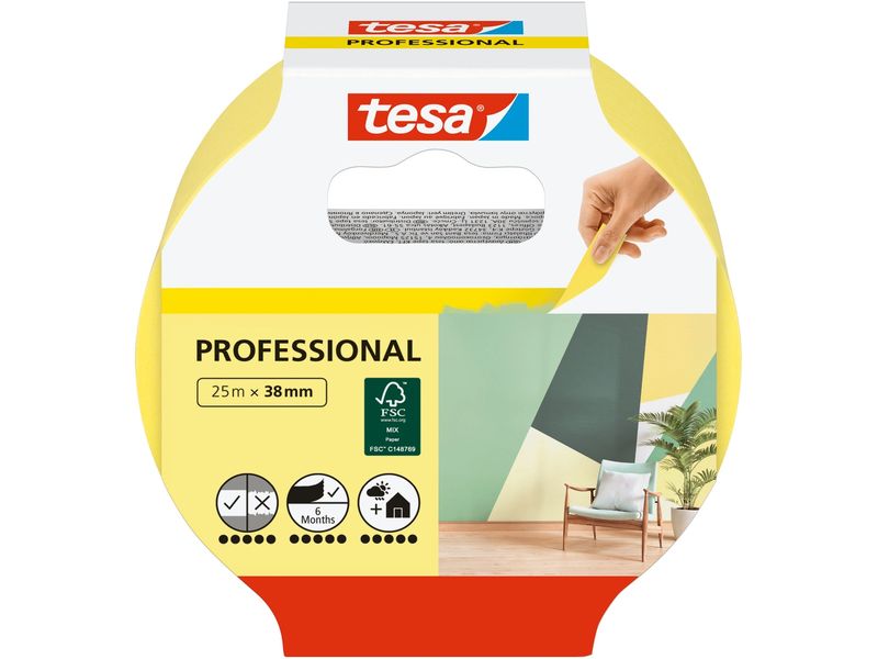 tesa Malerband Malerkrepp Professional 25m x 38 mm Dünnes Washi-Papier für Malerarbeiten, für innen und aussen