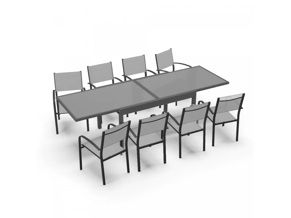 Table de jardin extensible aluminium 270cm + 8 fauteuils empilables textilène anthracite gris - LIO 8
