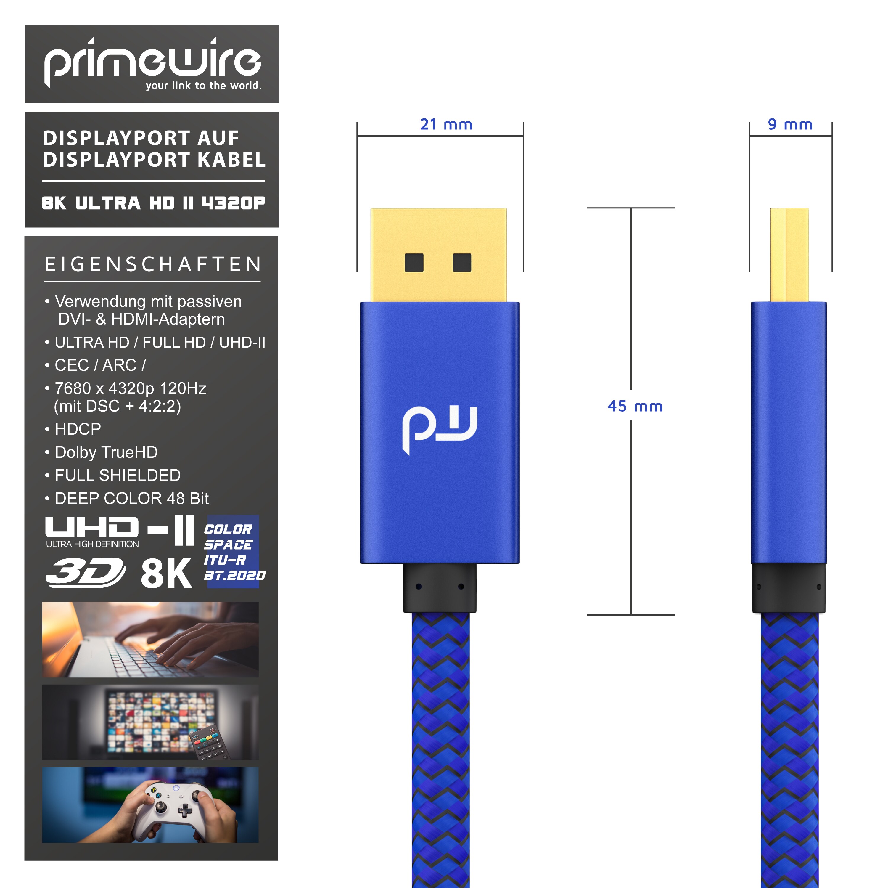 Primewire 8K Premium DisplayPort 1.4 Kabel - DP 1.4 - 7680x4320 @ 60 Hz - 2m