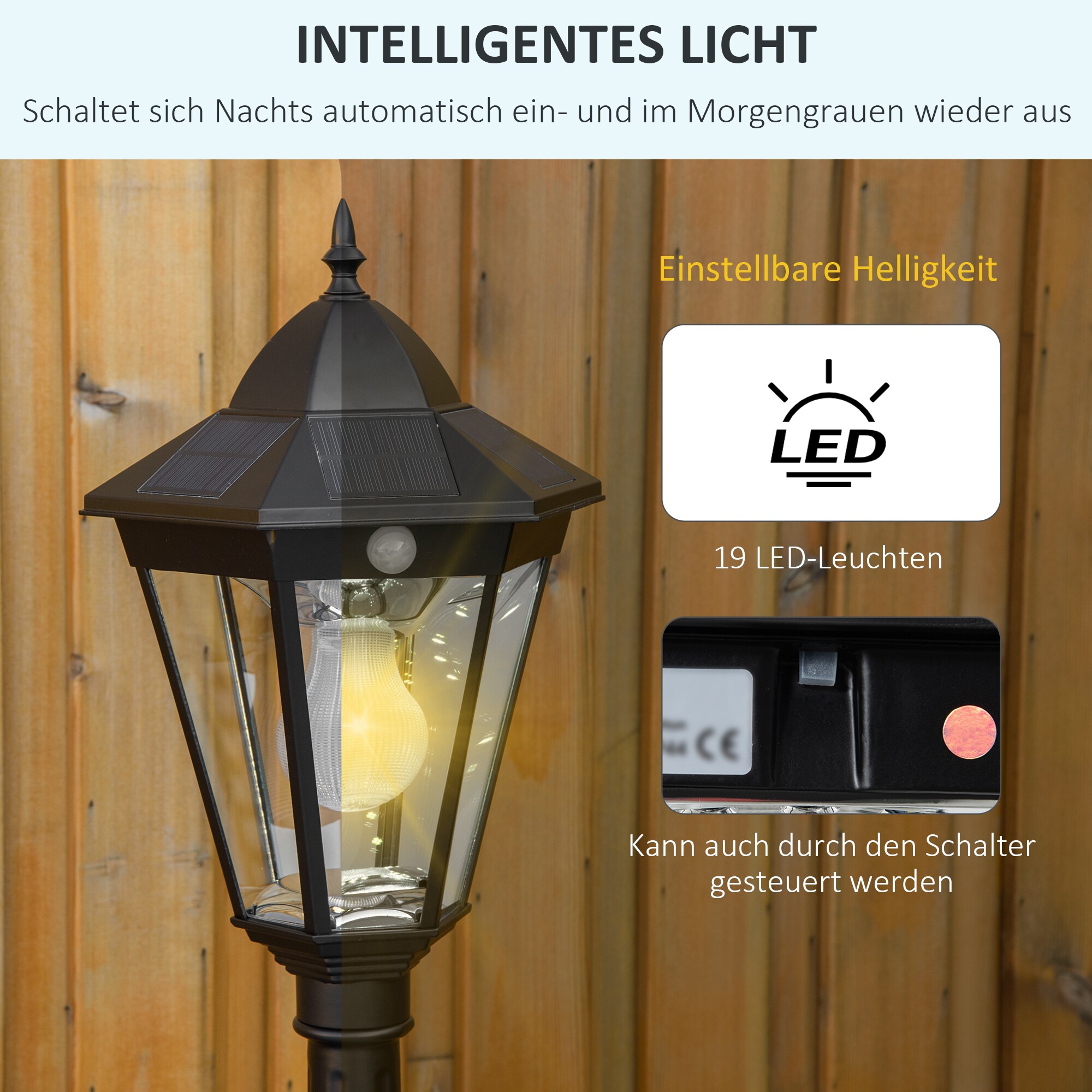 Outsunny Gartenlaterne mit einstellbarer Helligkeit schwarz 22L x 22B x 194H cm