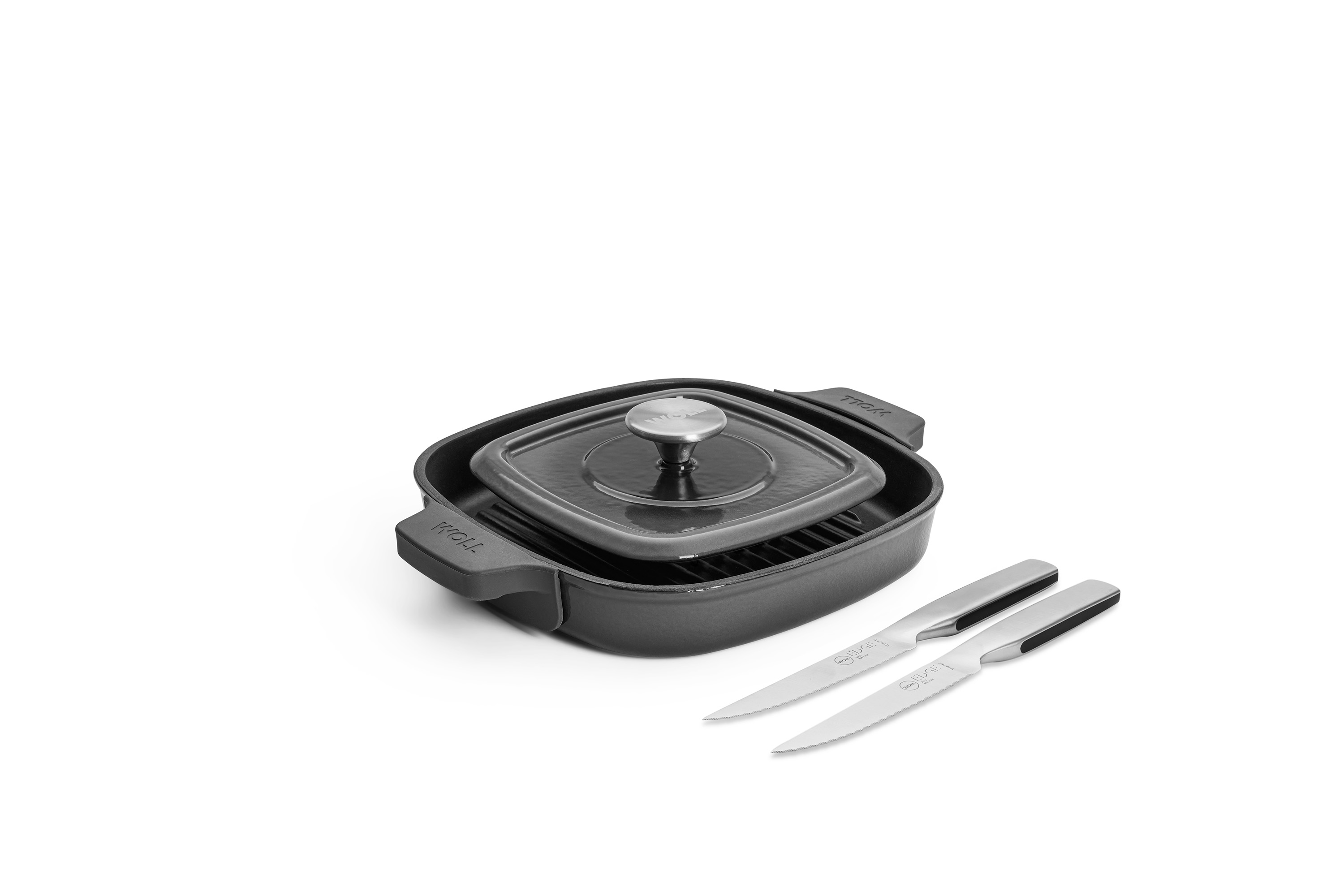 Iron Guss-Grillpfannen-Set mit 2 Steakmessern - Farbe: Carbon Grey