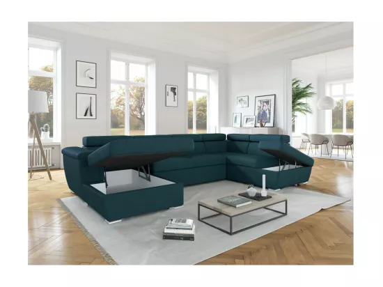 Canapé panoramique convertible avec 2 coffres Paola en tissu - Bleu - L320,5 x P188 x H76cm - Loungitude