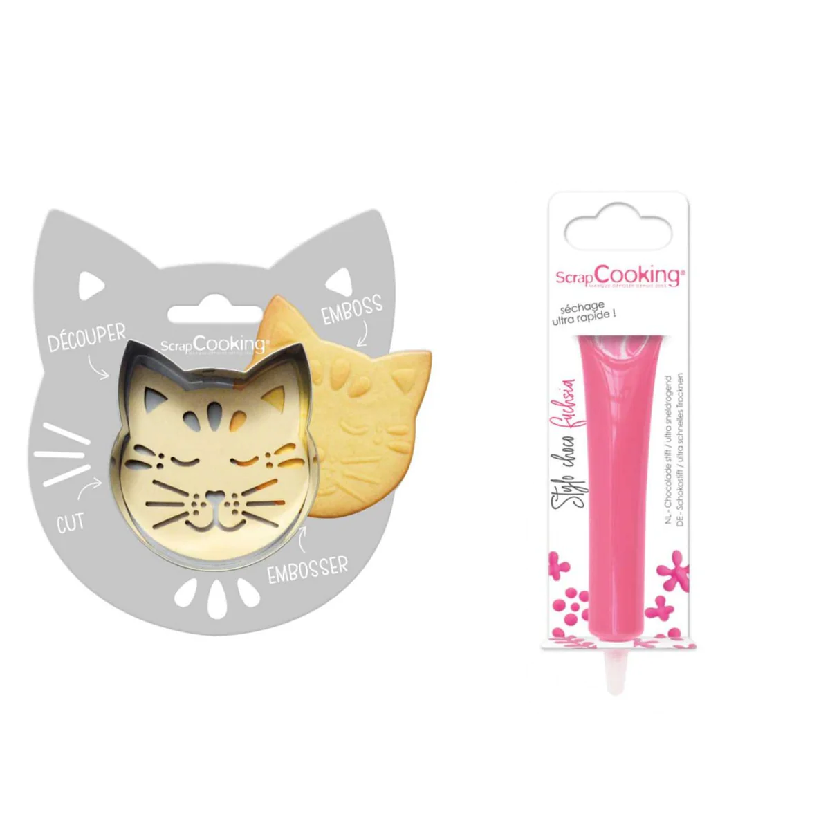 Kit pour biscuit en relief Chat + Stylo au chocolat fuchsia Scrapcooki