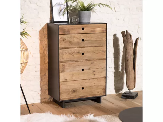 ANDREA - Meuble chiffonnier 5 tiroirs bois Pin recyclé naturel et noir