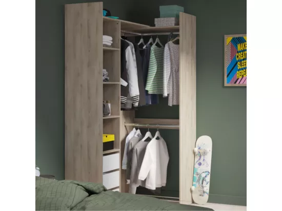 Aménagement dressing modulable Blanc/Chêne - SWAMA - L 199 x l 44 x H 218 cm