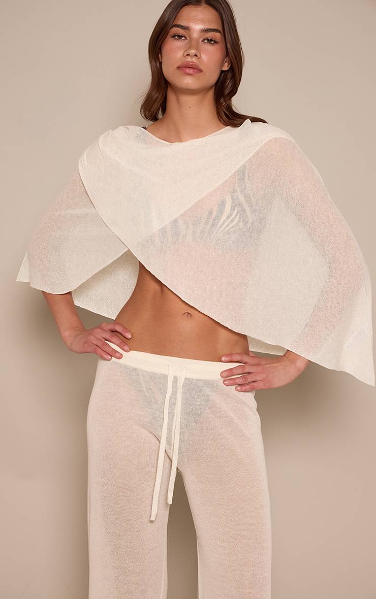 Crème Haut Poncho Drapé En Maille Transparente
