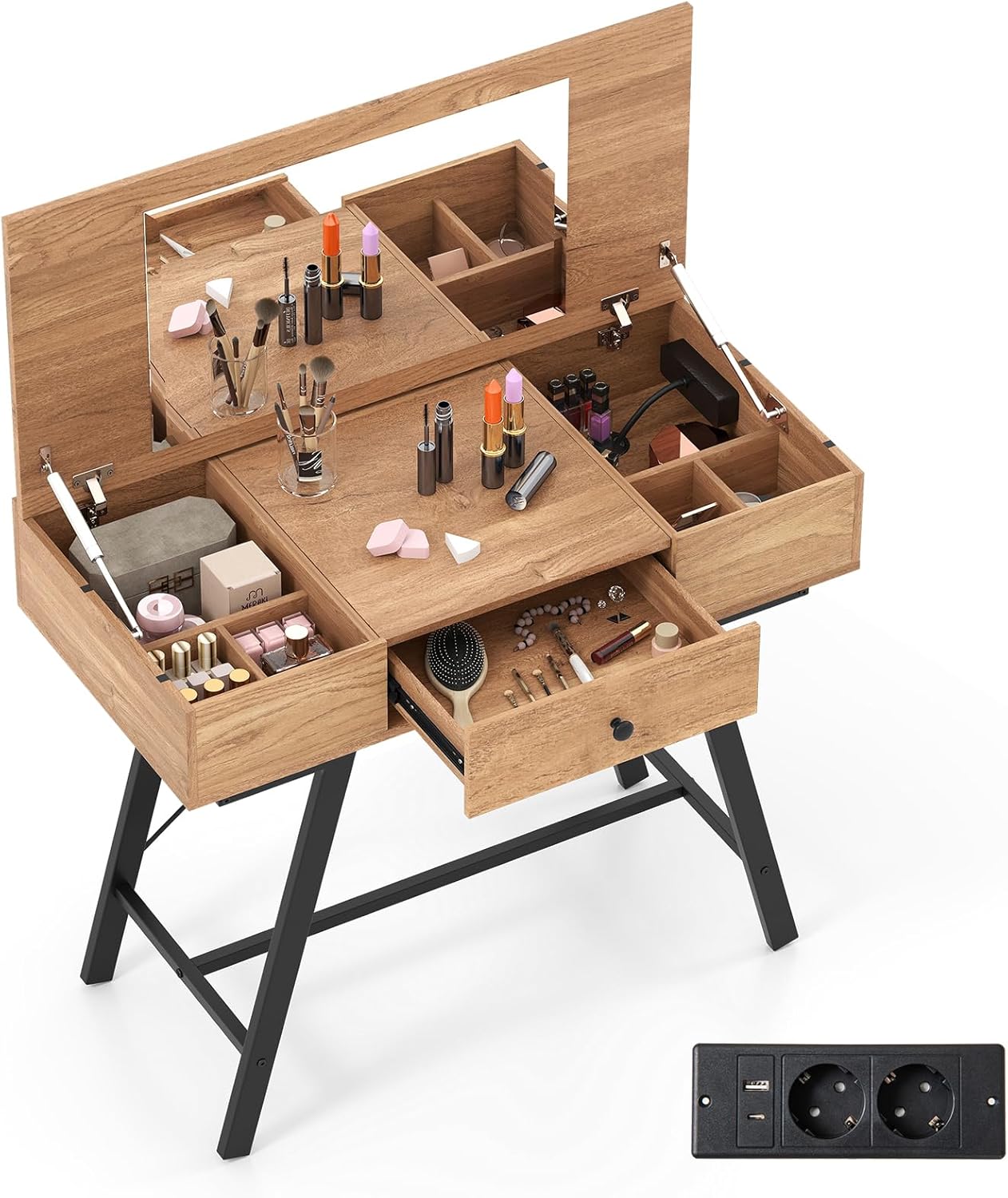COSTWAY Schminktisch mit großem Spiegel, Ladestation, 6 Aufbewahrungsfächern, Klappdeckel und Schublade, Kosmetiktisch rustikal, Schreibtisch für Schlafzimmer, Ankleidezimmer (Natur)