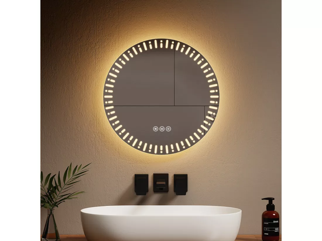 EMKE Miroir led salle de bain ф50 cm Miroir salle de bain lumineux avec 3 Couleurs de lumière réglables+Anti-buée, Économie d'énergie miroir led