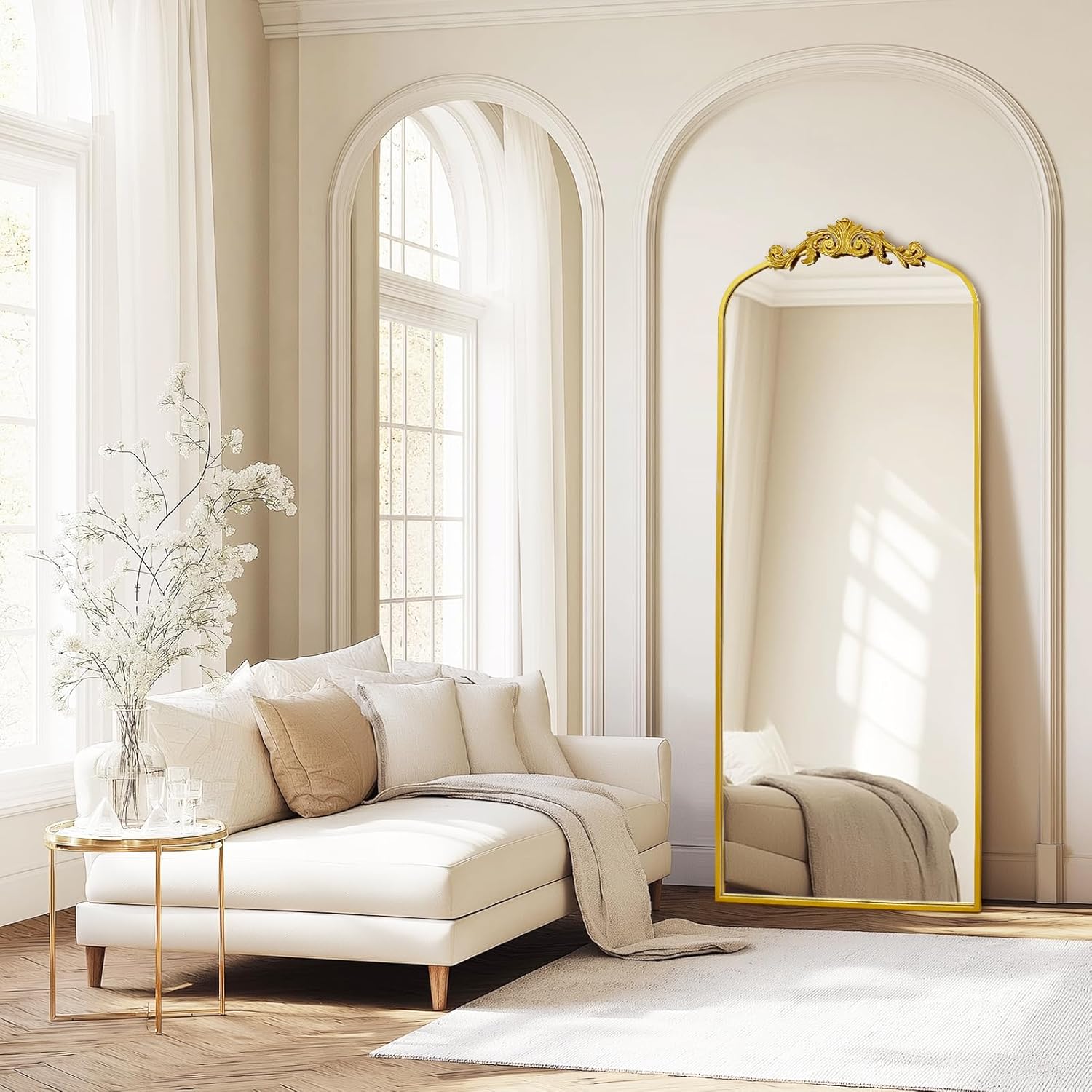 G-LEAF Antiker Ganzkörperspiegel im Barockstil, 180cm x 76cm, Freistehend, Wandmontiert oder an die Wand Angelehnt, für Schlafzimmer, Wohnzimmer, Gold