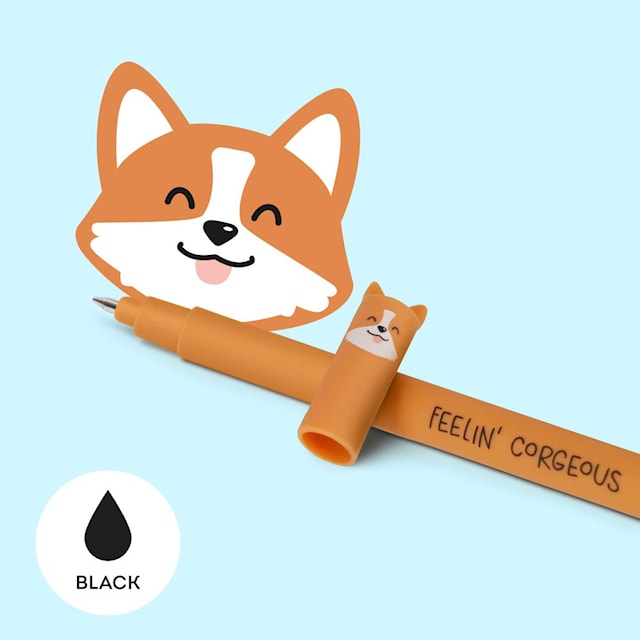 Erasable gel pen, Corgi, svart, gelpenn med blekk som kan viskes ut