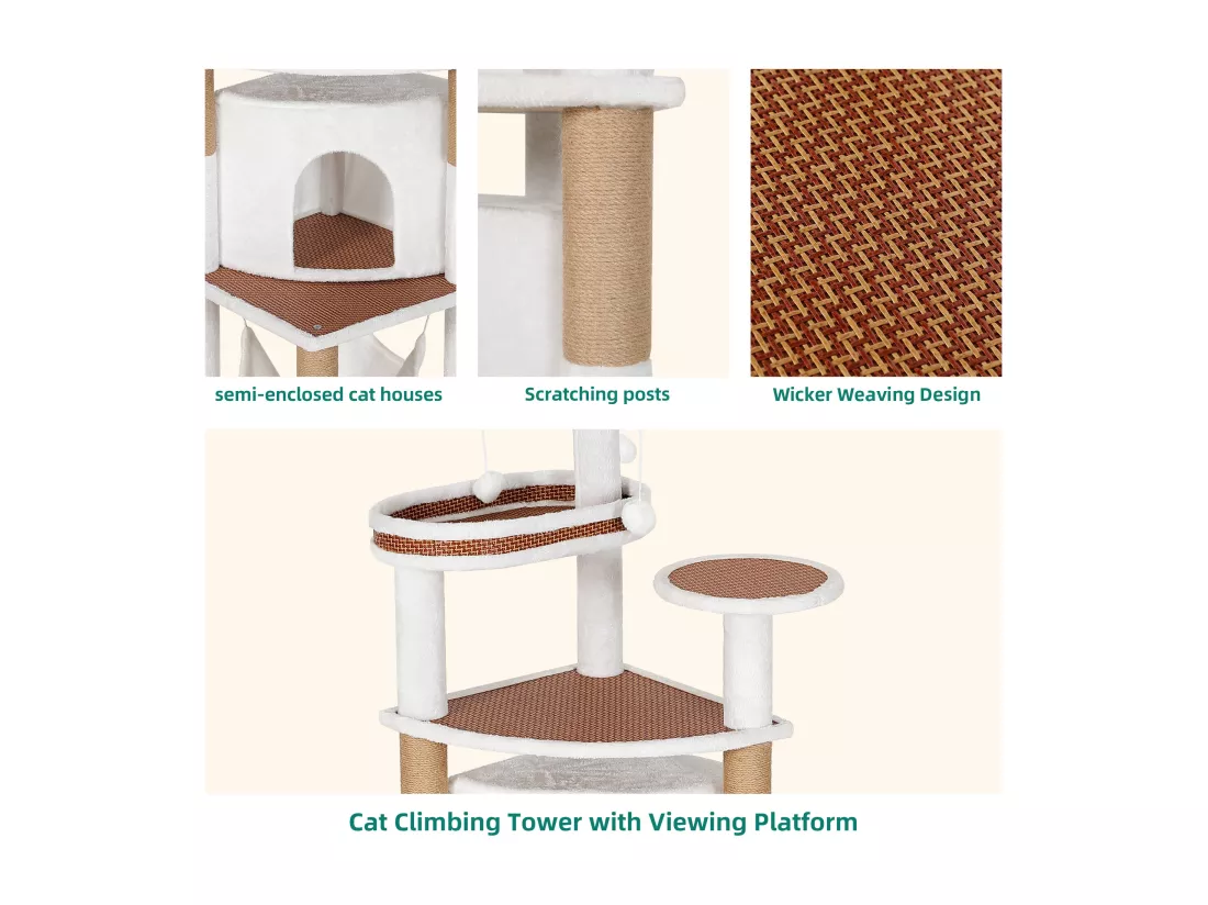 YITAHOME Arbre à Chat - 155 cm - Griffoir - à 4 niveaux - Tour d'escalade pour Chat d'Intérieur - Tissage en rotin - Blanc