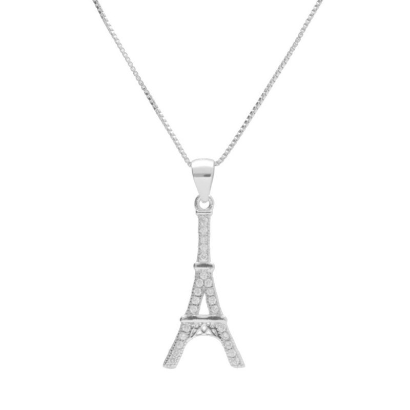 Collier Argent 925/000 Rhodié - Tour Eiffel Pavée de Zirconiums