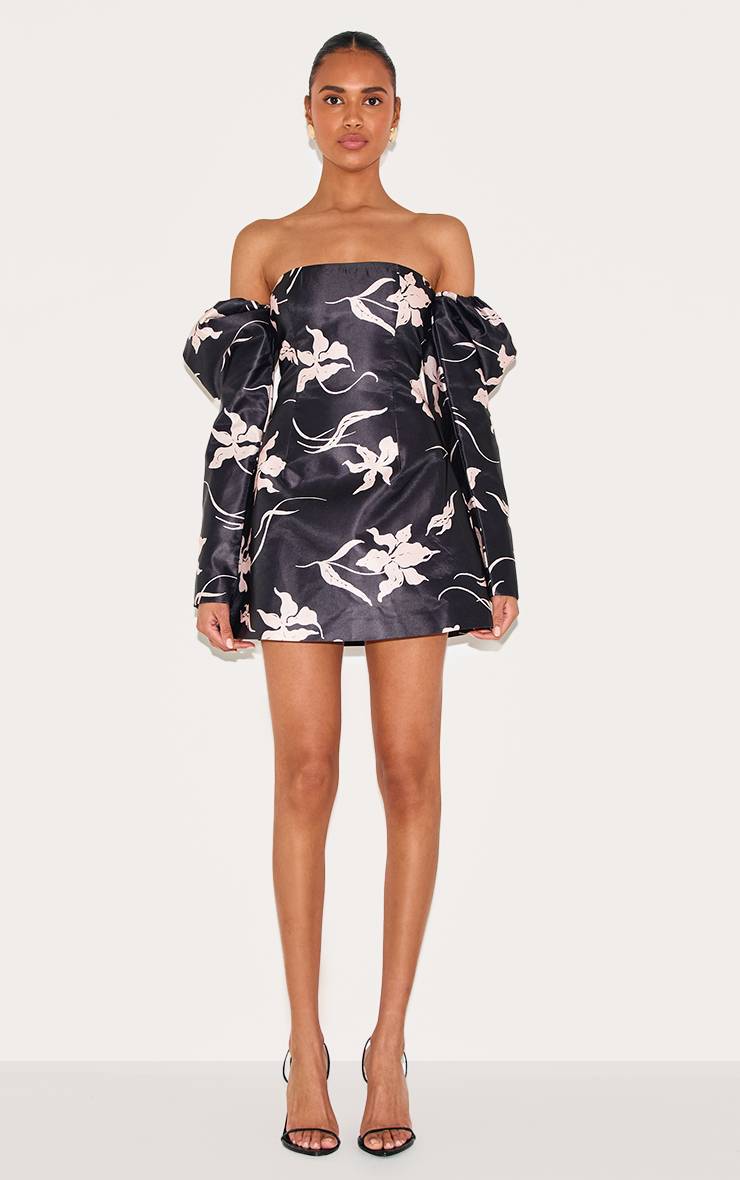 Noir Robe Trapèze Ample À Imprimé Fleuri Et Manches Bouffantes