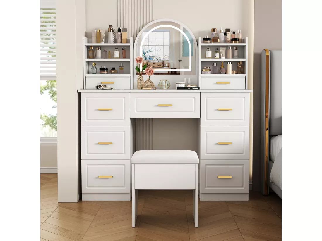 Coiffeuse avec 9 tiroirs, miroir et tabouret - 120 x 40 x 135 cm - LEDs - Panneau de particules - Blanc