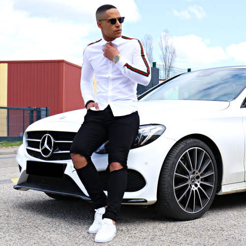 Chemise Slim Fit Manches Longues Avec Bandes F116 Blanc