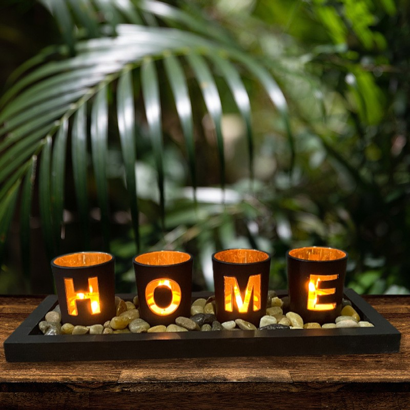 (6-tlg. Set) Deko Teelicht Halter Home Accessoire Kerzen Windlicht Set   Steine