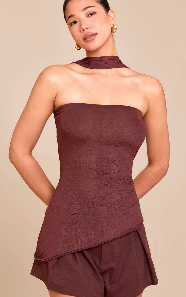 Chocolat Haut Long Asymétrique À Détail Foulard En Mesh Froissé
