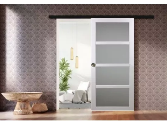 Porte Coulissante Tana Blanc Vitrée H204 X L63 + Rail Alu Bandeau Noir Et 2 Coquilles Gd Menuiseries