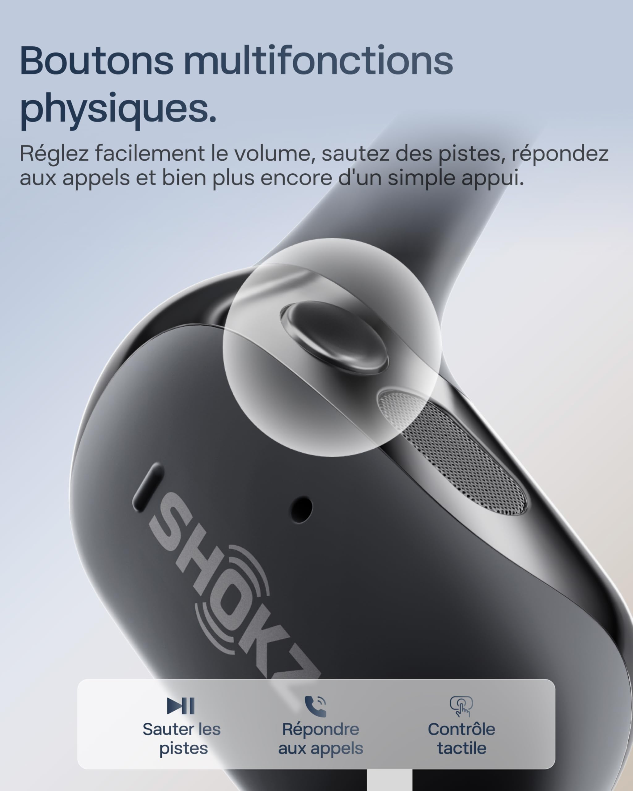 SHOKZ OpenFit 2+ Nouveaux Casques à Oreilles Libres, Dolby Audio, Crochets d’Oreille Souples, 48 Heures d’autonomie, résistance à l’Eau IP55, Recharge sans Fil, avec Sac de Transport, Noir
