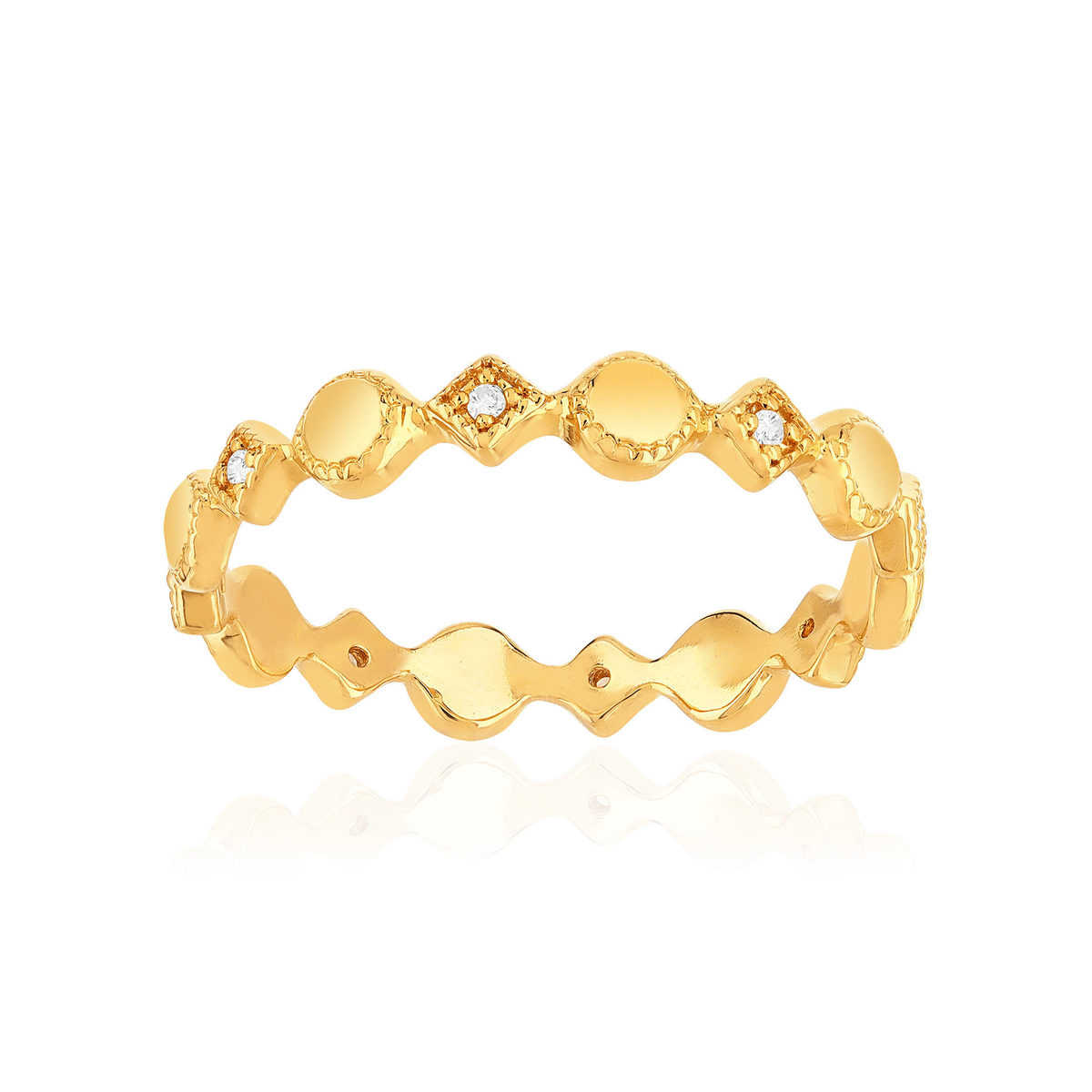 Bague plaqué or jaune perlée zirconias, motif rond et losange