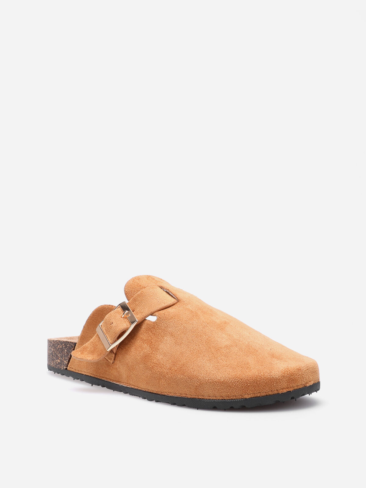 Mules plates à boucle dorée- Camel