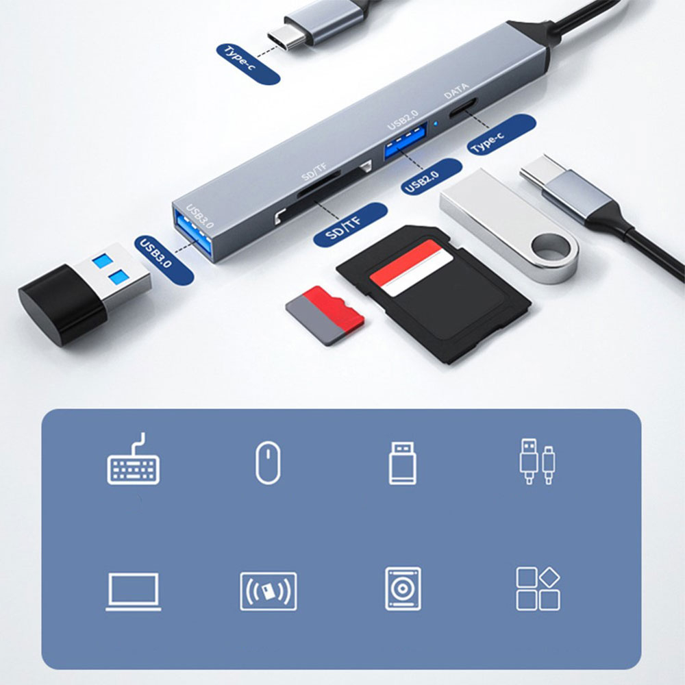 USB C 5 in 1 OTG Multiport Adapter HUB mit 1x USB C (480Mbit/s) / 1x USB 2.0 / 1x USB 3.0 / 1x SD-Kartenleser / 1x MicroSD-Kartenleser - Grau