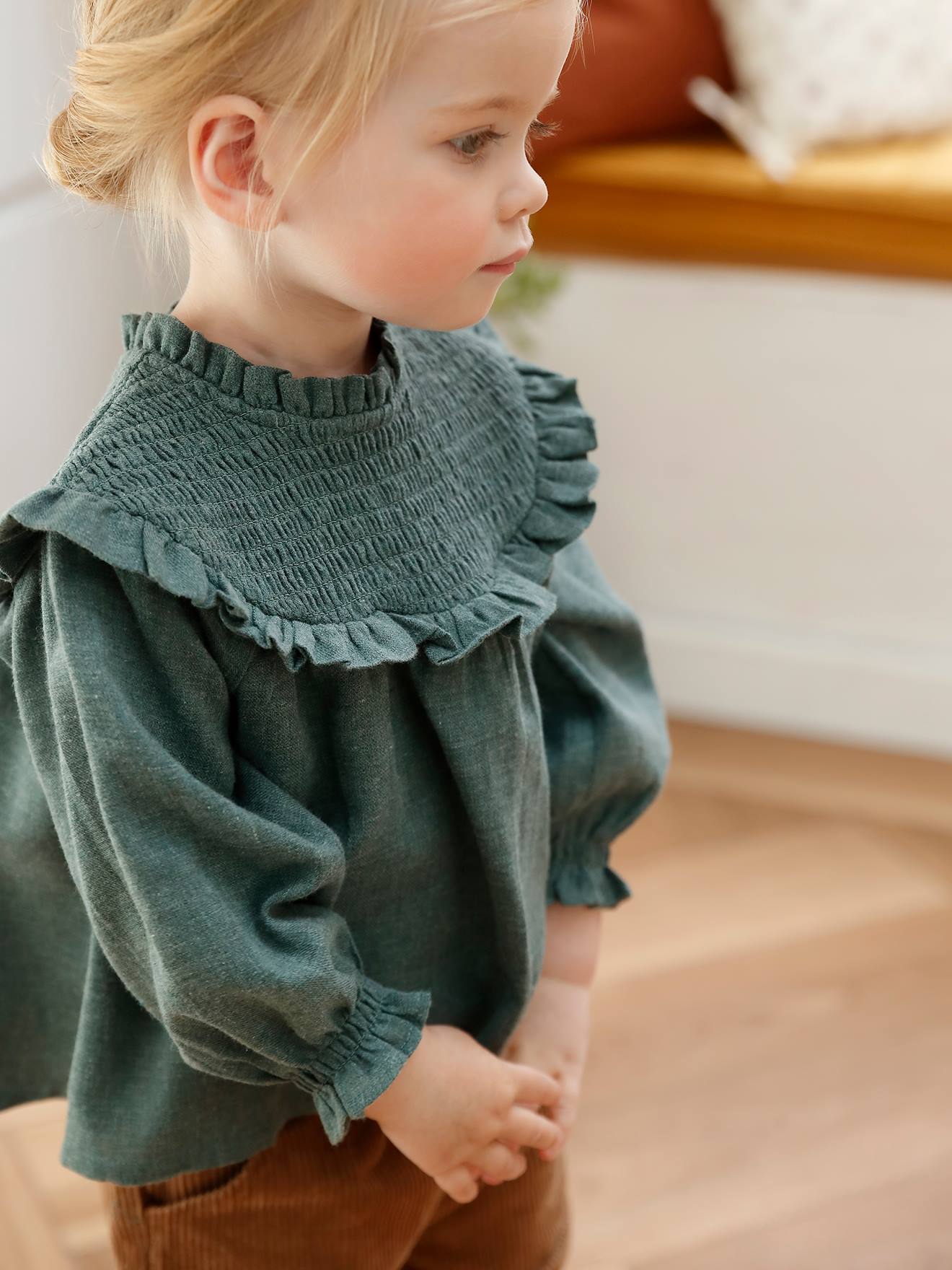 Blusa com avental e faixa de cabelo combinando, para bebê, verde acinzentado escuro