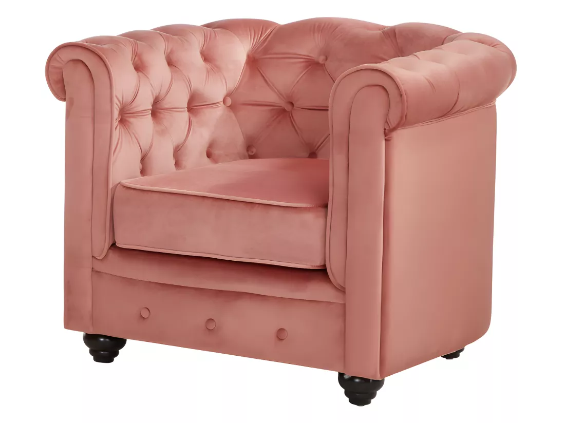 Canapés 3 places et 2 places et fauteuil en velours rose pastel CHESTERFIELD