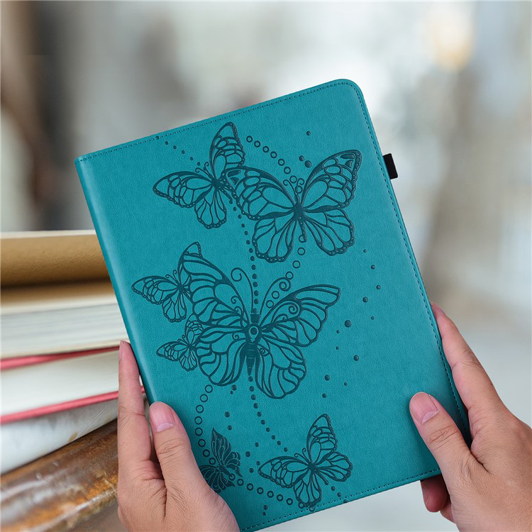 Samsung Galaxy Tab A9  Plus Leder Tasche Flip Cover Butterflies Imprint   S-Pen Halterung - Blaugrün