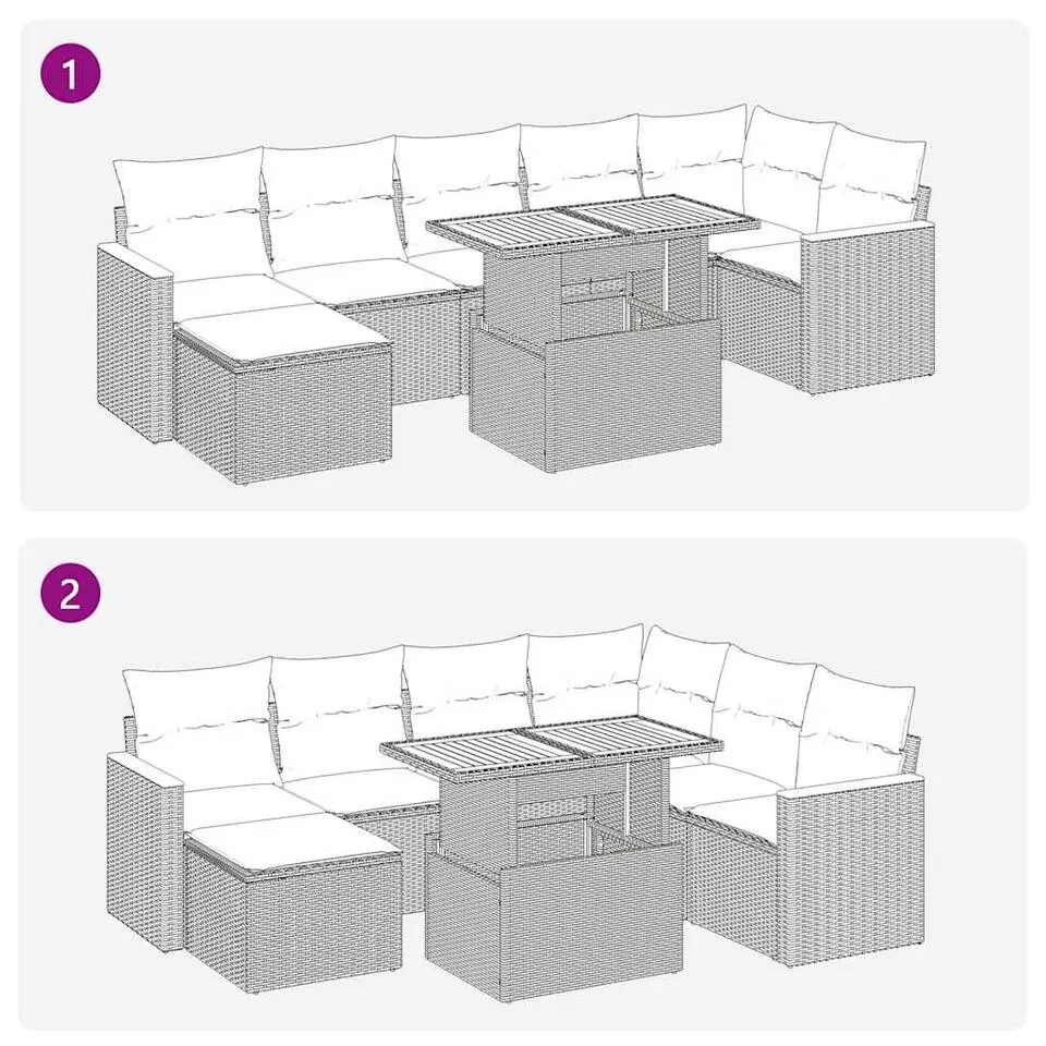 vidaXL Loungeset voor 6 met kussens en verstelbaar tuintafel poly rattan - Grijs