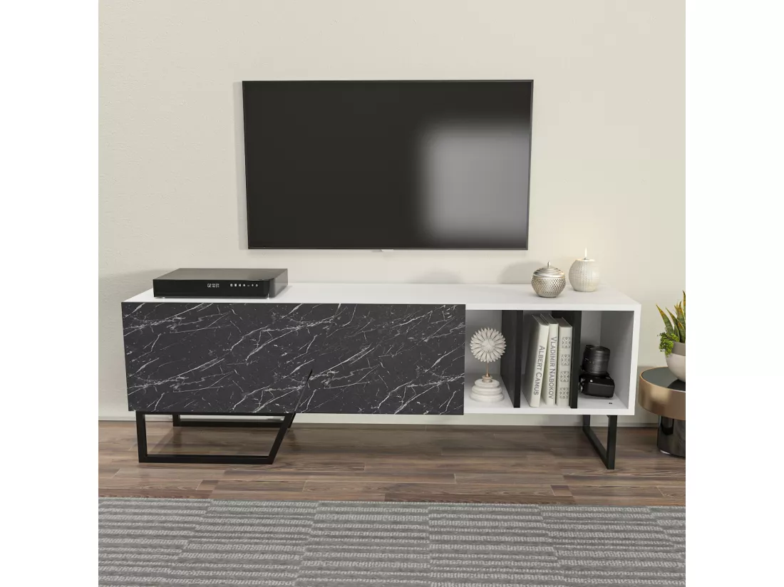 Meuble TV Linossa, niches et armoires, pied en métal (Blanc et Effet marbre noir)