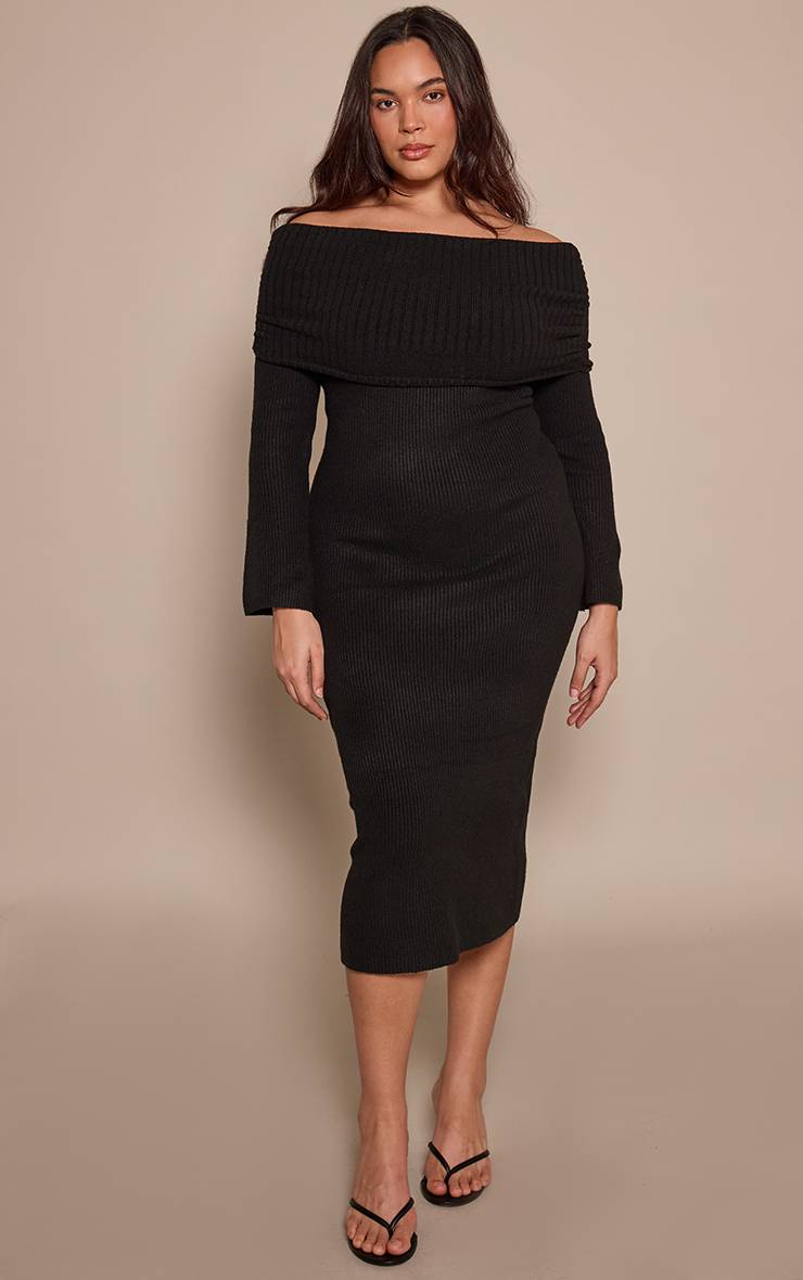 Noir Robe Synthétiquell Grande Taille À Encolure Bardot Rabattue En Maille