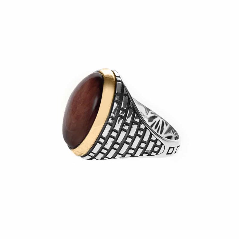 Bague Homme oeil Argent Doré Pierre oeil De Tigre Rouge
