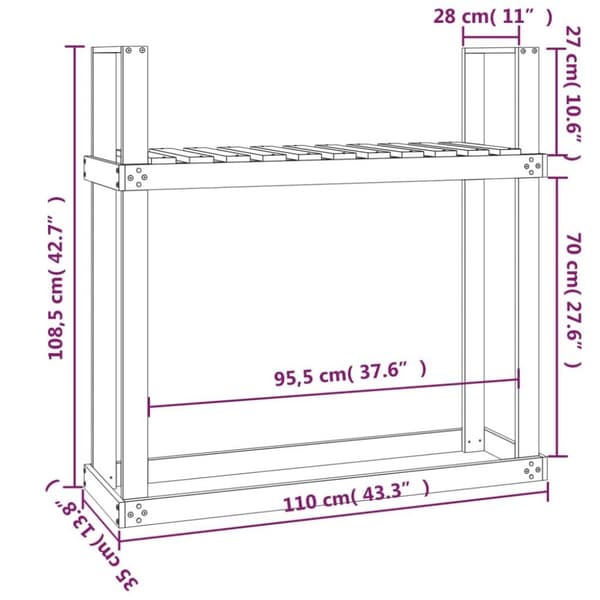 vidaXL Vedstativ svart 110x35x108,5 cm heltre furu