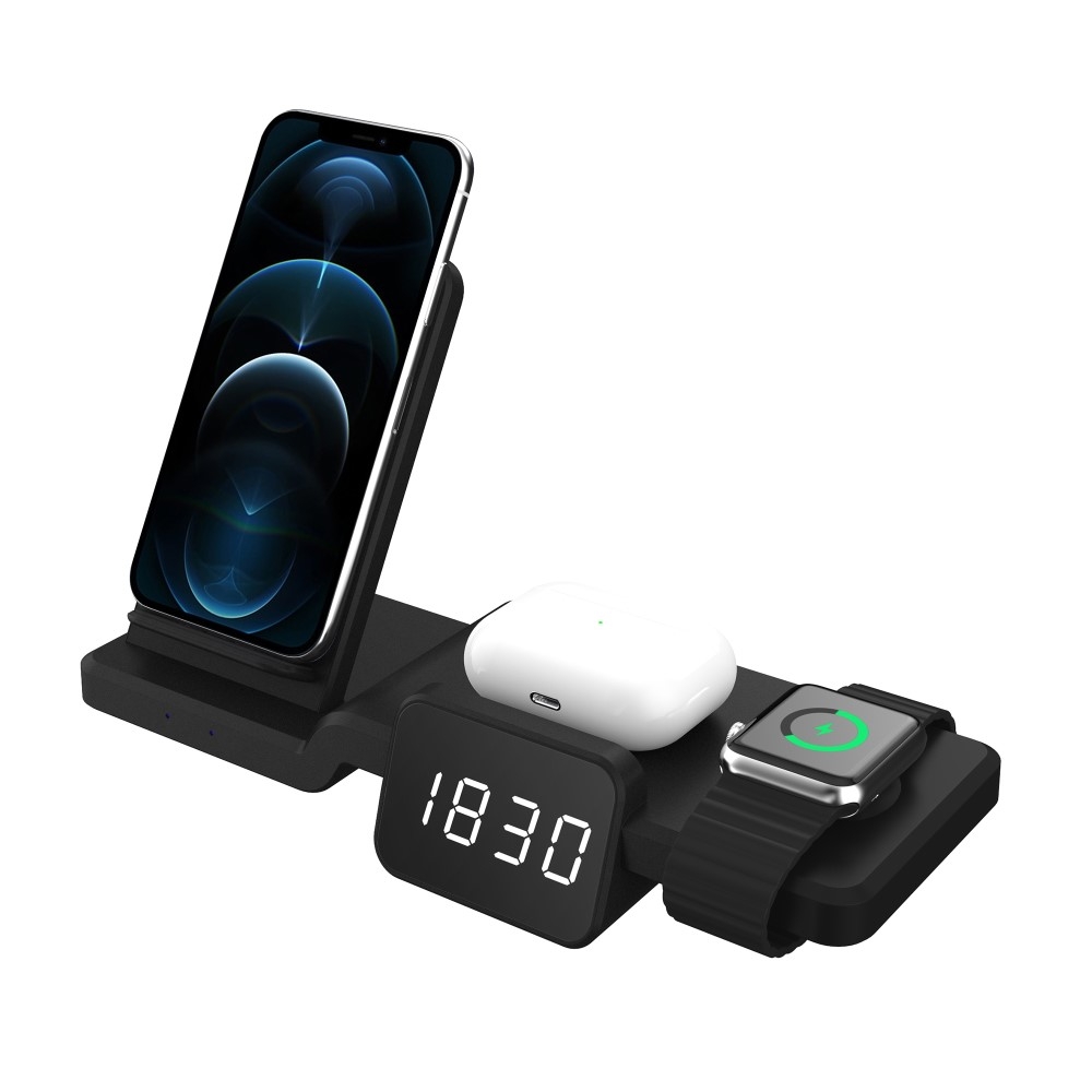 (15W) 4in1 Qi Wireless Fast Charging Ladegerät Ständer Dockingstation Apple Watch / Smartphone / AirPods mit Zeitanzeige - Schwarz