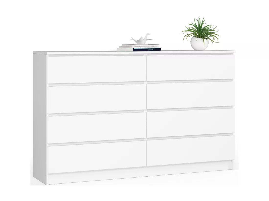 Grande Commode pour le salon AKORD K160 Blanche 160 cm 8 tiroirs façade Blanche 160x40x99 cm