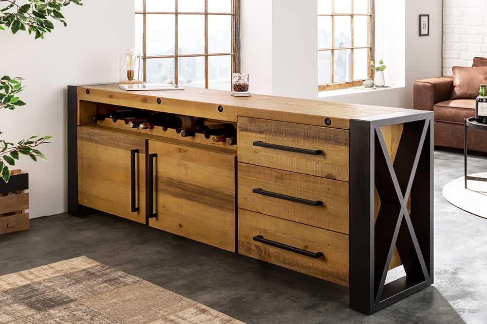Massivholz Sideboard THOR 195cm braun Pinie mit Schubladen Weinregal Industrial Design