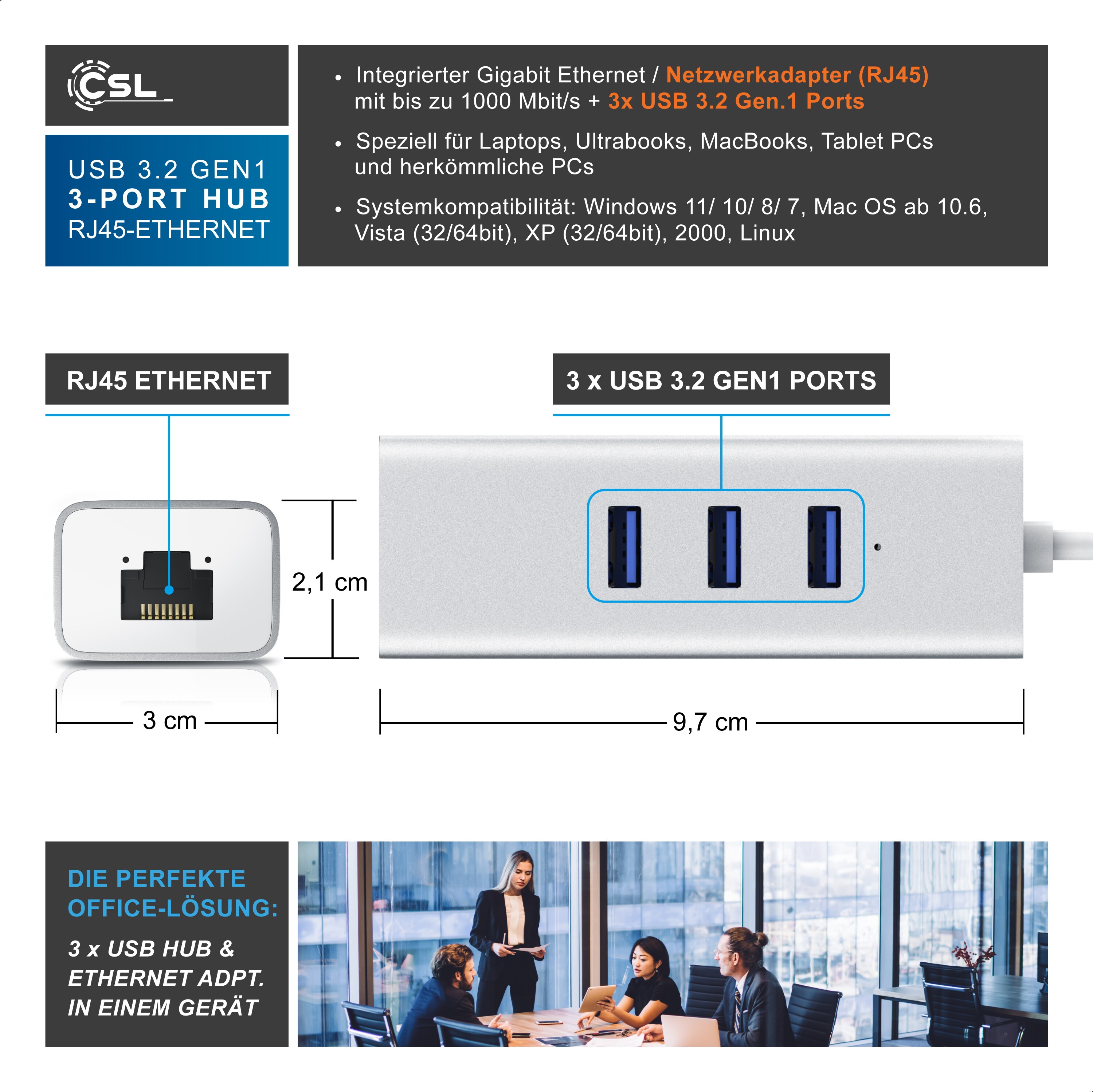 CSL 3-Port USB 3.1 Gen1 Verteiler inkl. Netzwerkadapter mit RJ45 Buchse / Aluminium Gehäuse
