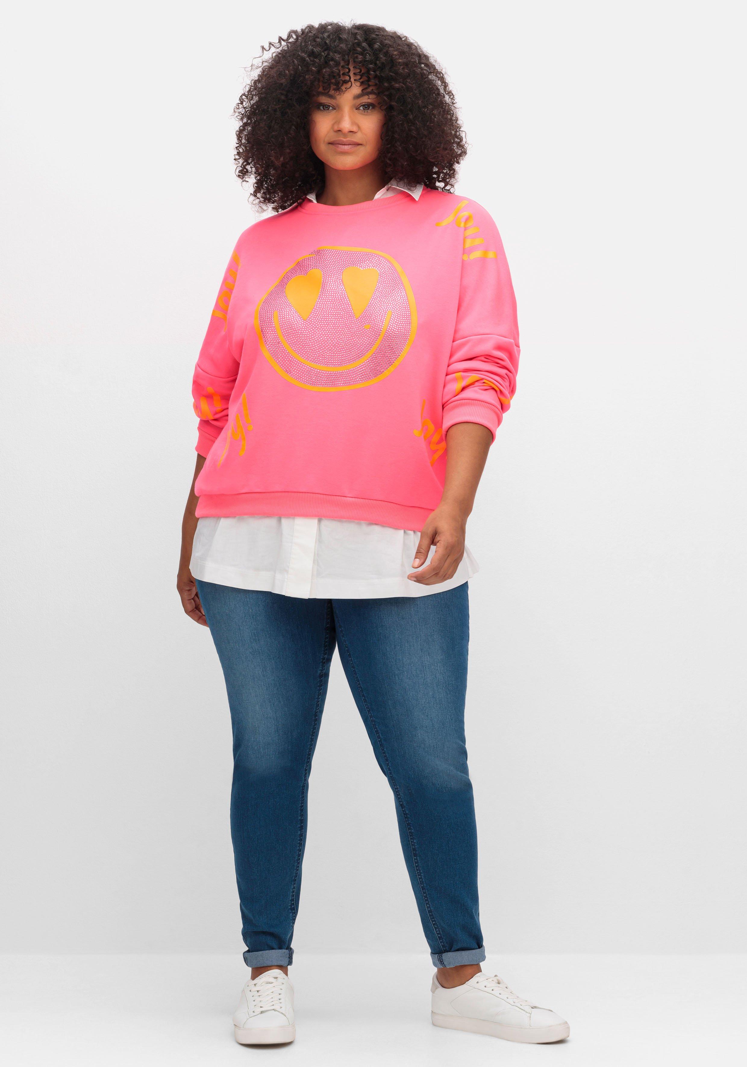 Sweatshirt mit Smiley-Frontdruck und Glitzersteinen
