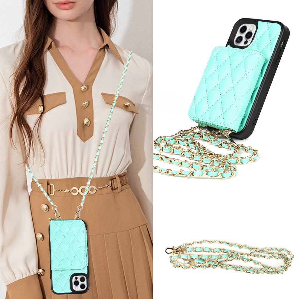 iPhone 12 / iPhone 12 Pro Necklace Leder Hülle mit Magnet Wallet Kreditkarten Münzfach   Handykette (140cm) - Türkis