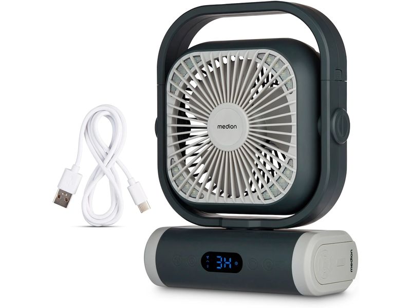 Medion USB-Ventilator Life Camping E10 TF Grau Kompakter Power-Ventilator mit Akku