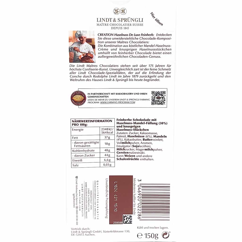 Lindt CREATION Haselnuss de Luxe feinherb 150g MHD:30.9.25