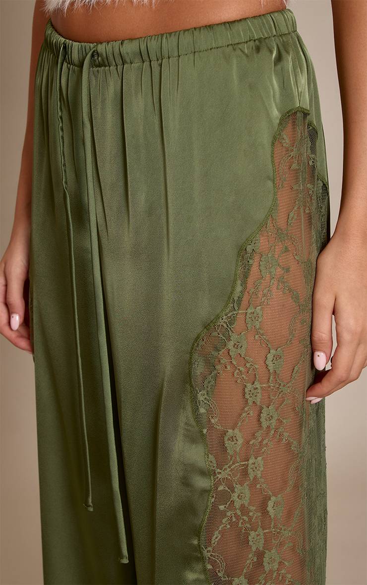 Vert Olive Foncé Pantalon En Satin À Lacets Avec Cordon De Serrage