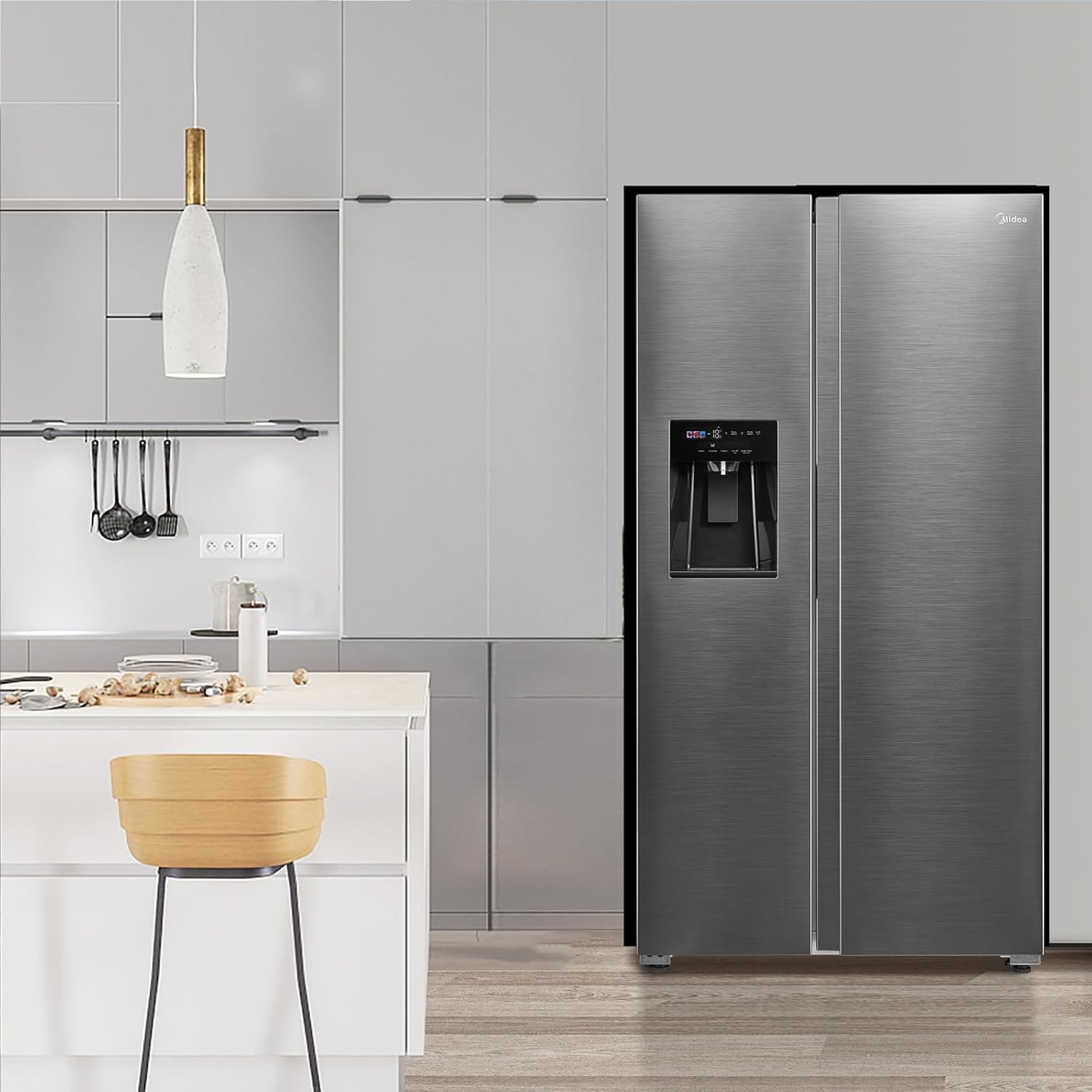 Midea MDRS761MYC46 Side-by-Side Kühl-/Gefrierkombination/No Frost/3in1 Wasser-/Eisspender und Wassertank/Dual Inverter Compressor/179,3 cm Höhe/573L Gesamtvolumen/208 kWh/Jahr/Rostfreier Stahl