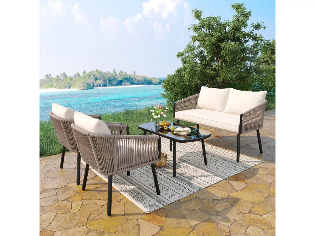 Salon de jardin, ensemble de meubles de jardin, 4 places, canapé, 2 fauteuils et table basse, extérieur, corde PE tressée, acier galvanisé, beige