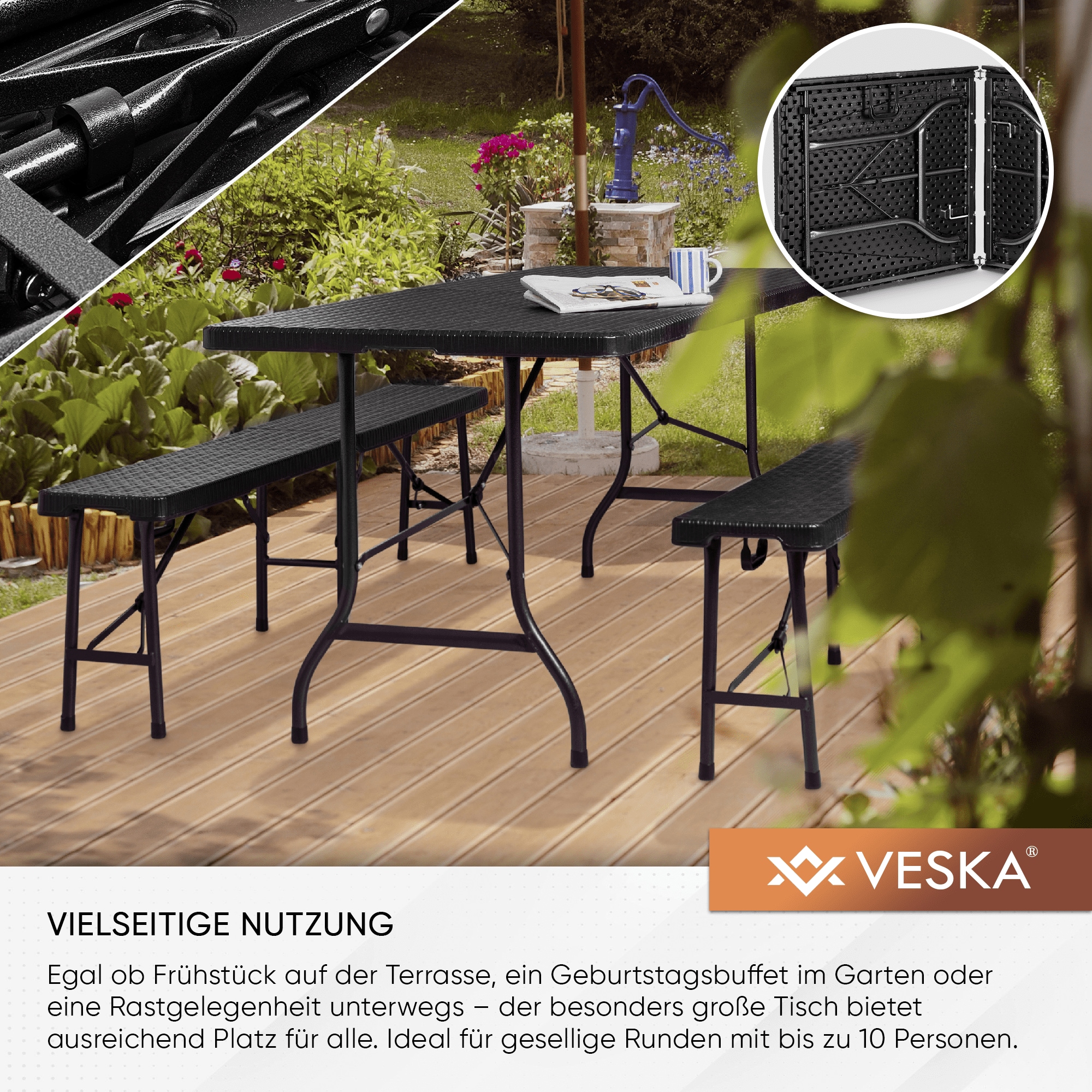 VESKA Bierzeltgarnitur 3-teilig - Rattan-Optik - anthrazit