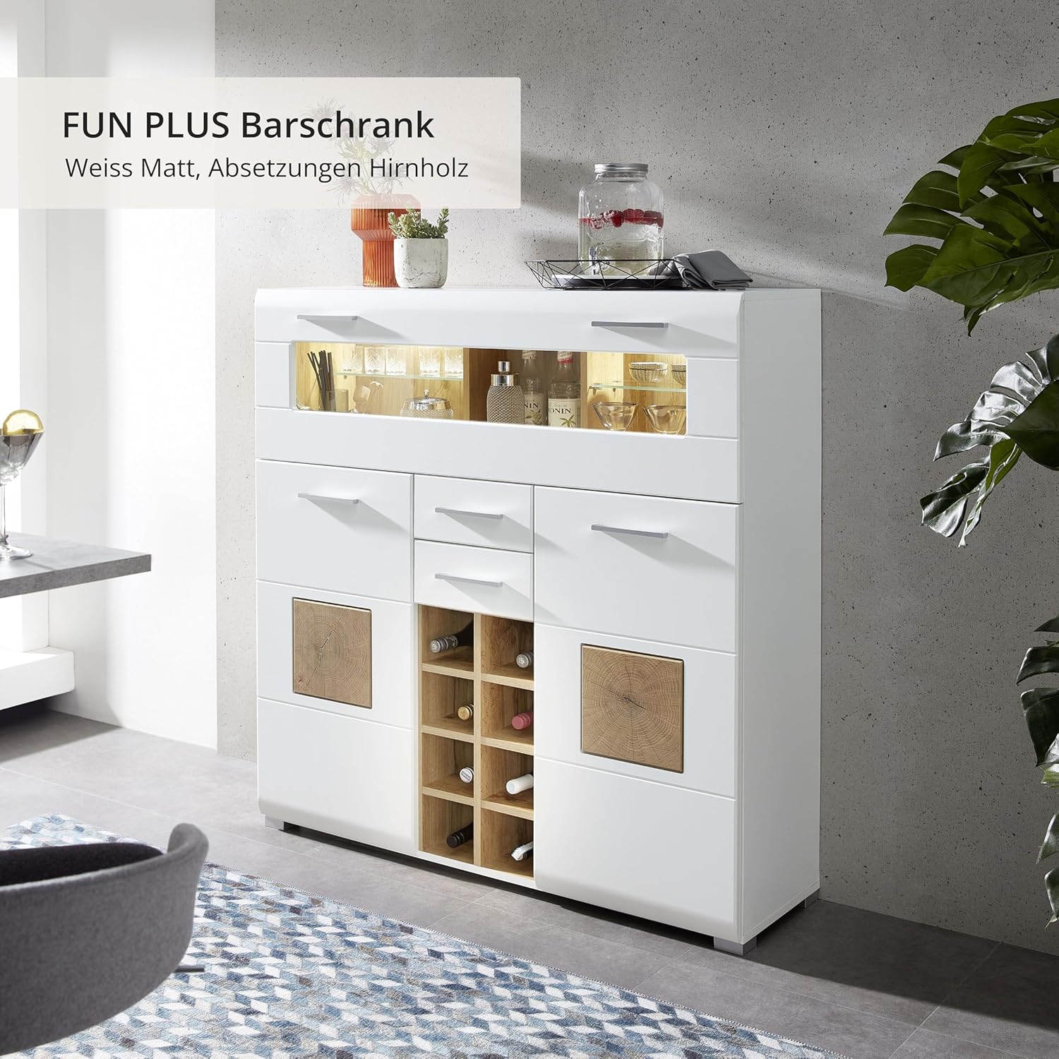 10A1WW22 Fun Plus Weiß/Eiche Altholz Nb. Barschrank Bar Kommode Theke Sideboard Getränke ca. 120 x 129 x 37 cm