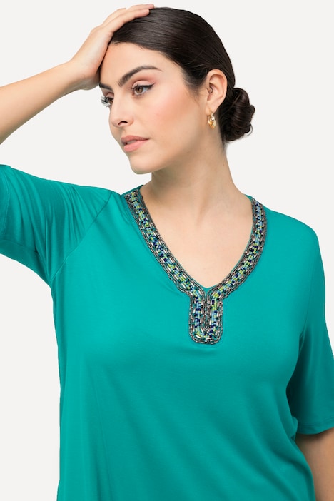 T-Shirt, Perlen, A-Linie, Tunika-Ausschnitt, Halbarm