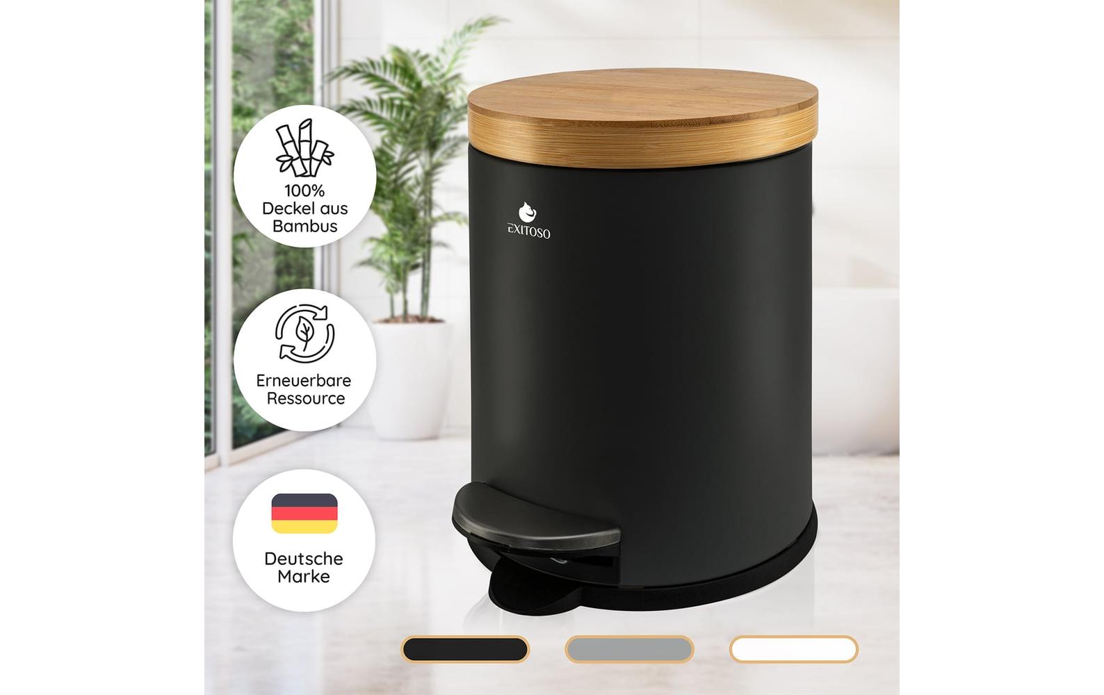 Tretmülleimer mit Softclose-Deckel 5 l, SchwarzAbfalleimer aus Bambus