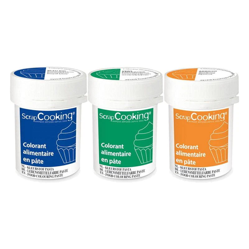 3 colorants alimentaires en pâte 20 g - abricot-émeraude-bleu roi Scra